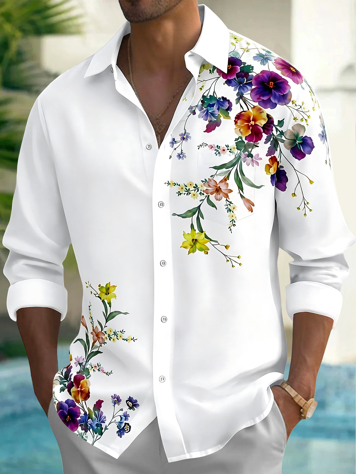 Oceanlyte Men's Floral Colorful Floral Branches Print Long Sleeve Shirt with Chest Pocket