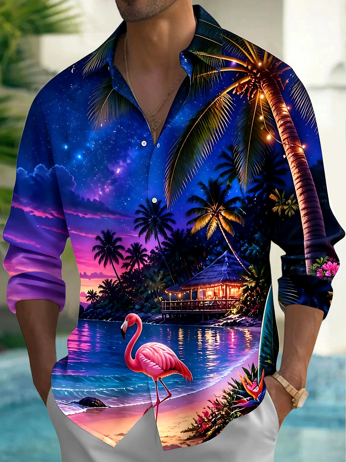 Oceanlyte Men's Hawaiian Tropical Beach Sunset Print Long Sleeve Shirt with Chest Pocket