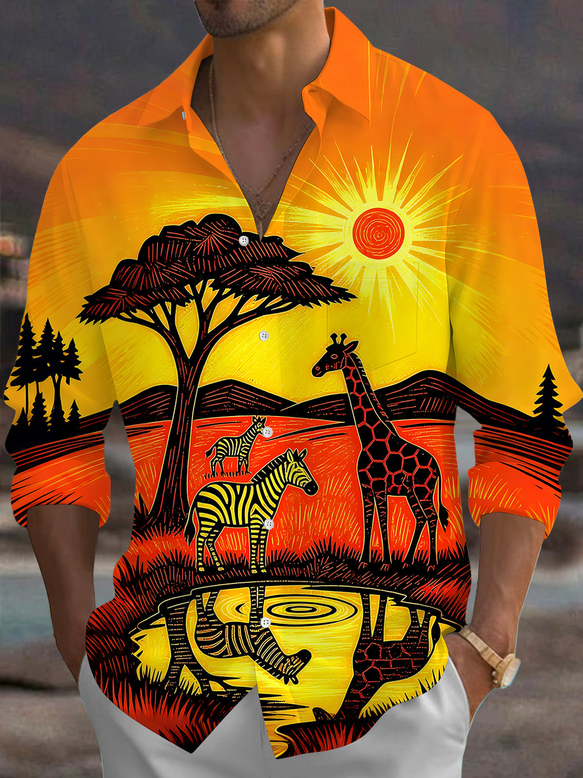 Oceanlyte Men's Hawaiian African Safari Sunset Print Long Sleeve Shirt with Chest Pocket