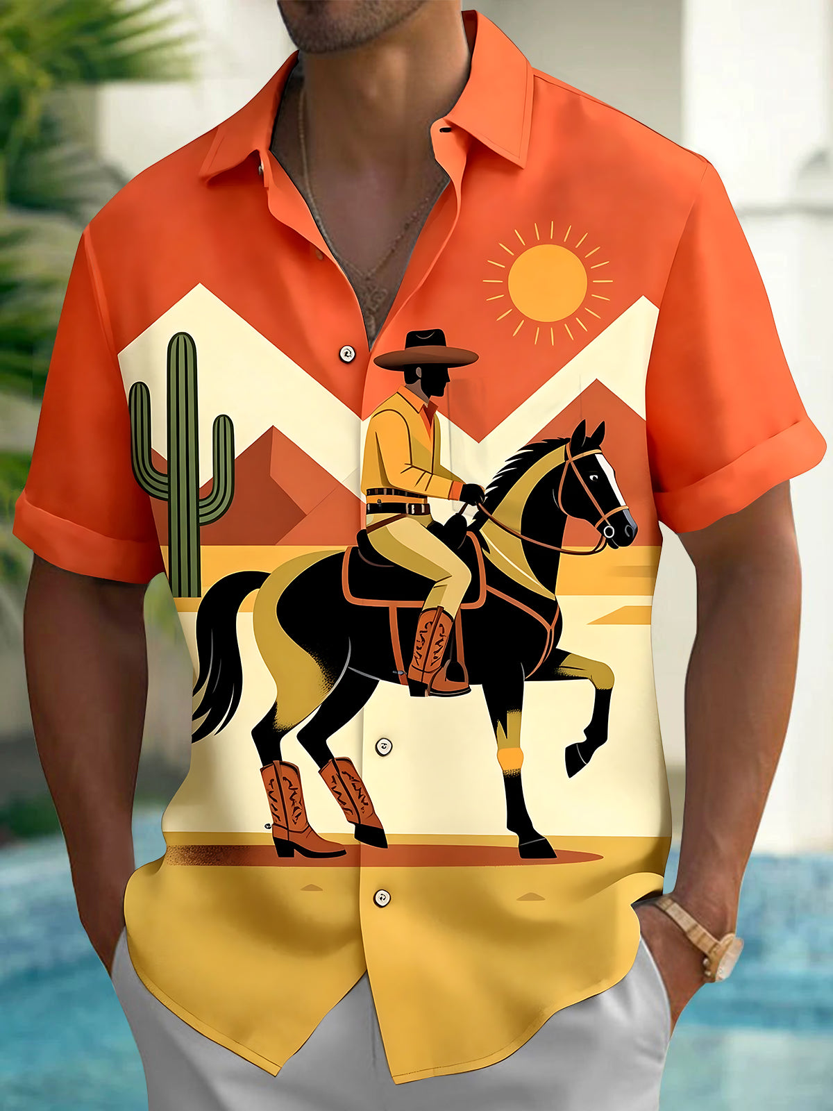 Oceanlyte Men's Vintage Style Cowboy On Horse Print Short Sleeve Shirt with Chest Pocket
