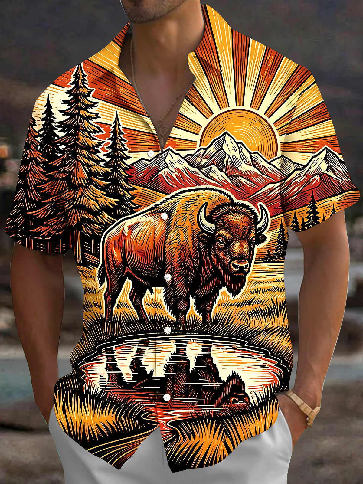 Oceanlyte Men's Vintage Style Bison Landscape Print Short Sleeve Shirt with Chest Pocket