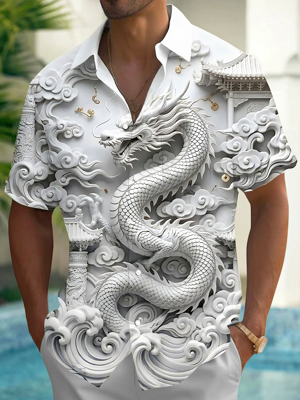 Oceanlyte Men's 3D 3D Dragon Print Chinese Clouds Print Short Sleeve Shirt with Chest Pocket