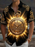 Oceanlyte Men's Vintage Style Golden Pocket Watch Print Short Sleeve Shirt with Chest Pocket