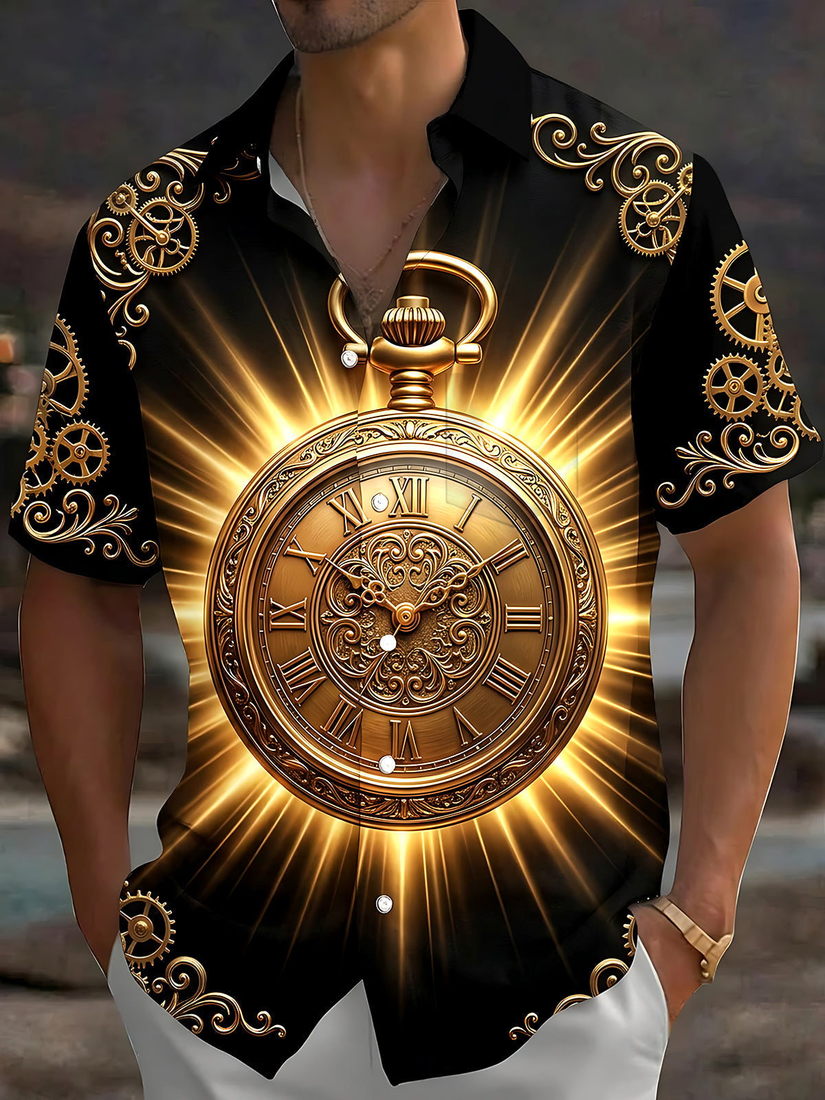 Oceanlyte Men's Vintage Style Golden Pocket Watch Print Short Sleeve Shirt with Chest Pocket