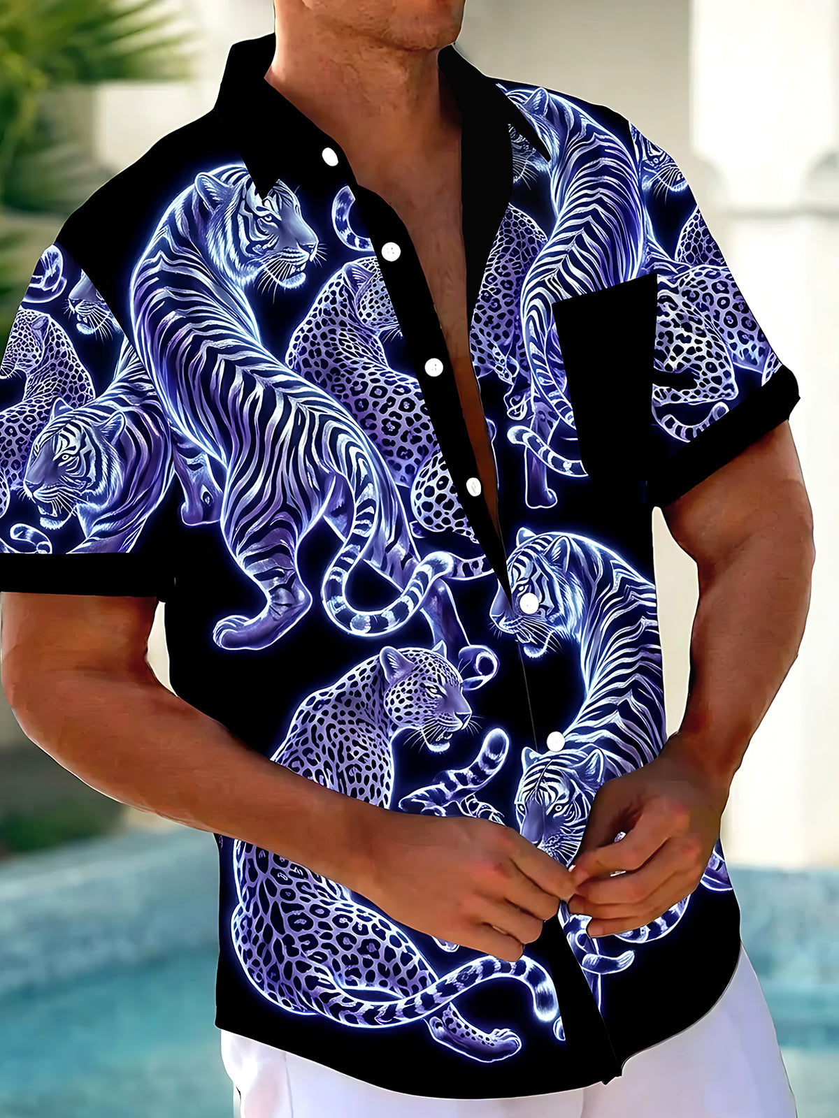 Oceanlyte Men's Hawaiian Neon Blue Tigers Print Leopard Print Short Sleeve Shirt with Chest Pocket