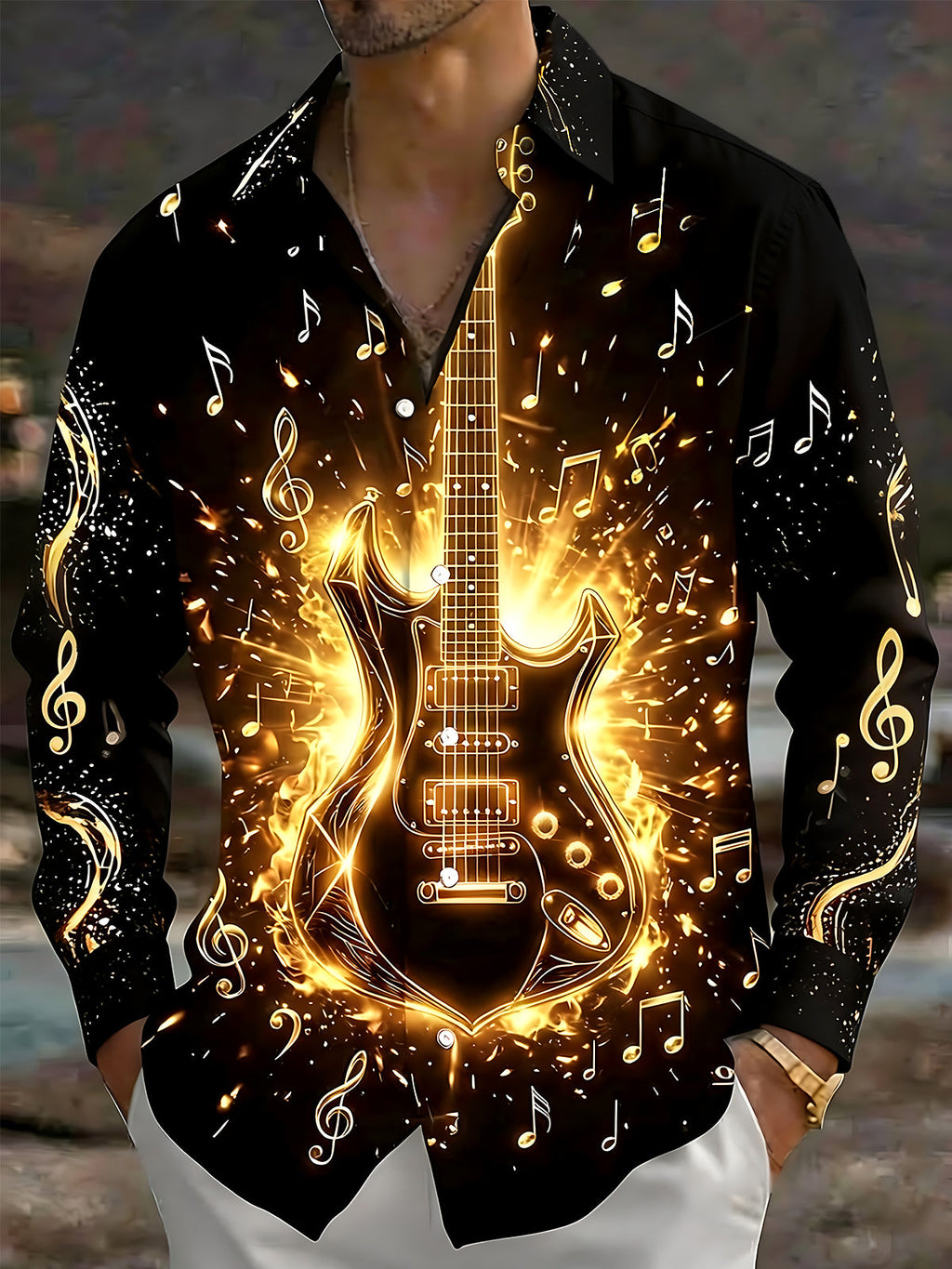 Oceanlyte Men's Graphic Electric Guitar Print Long Sleeve Shirt with Chest Pocket