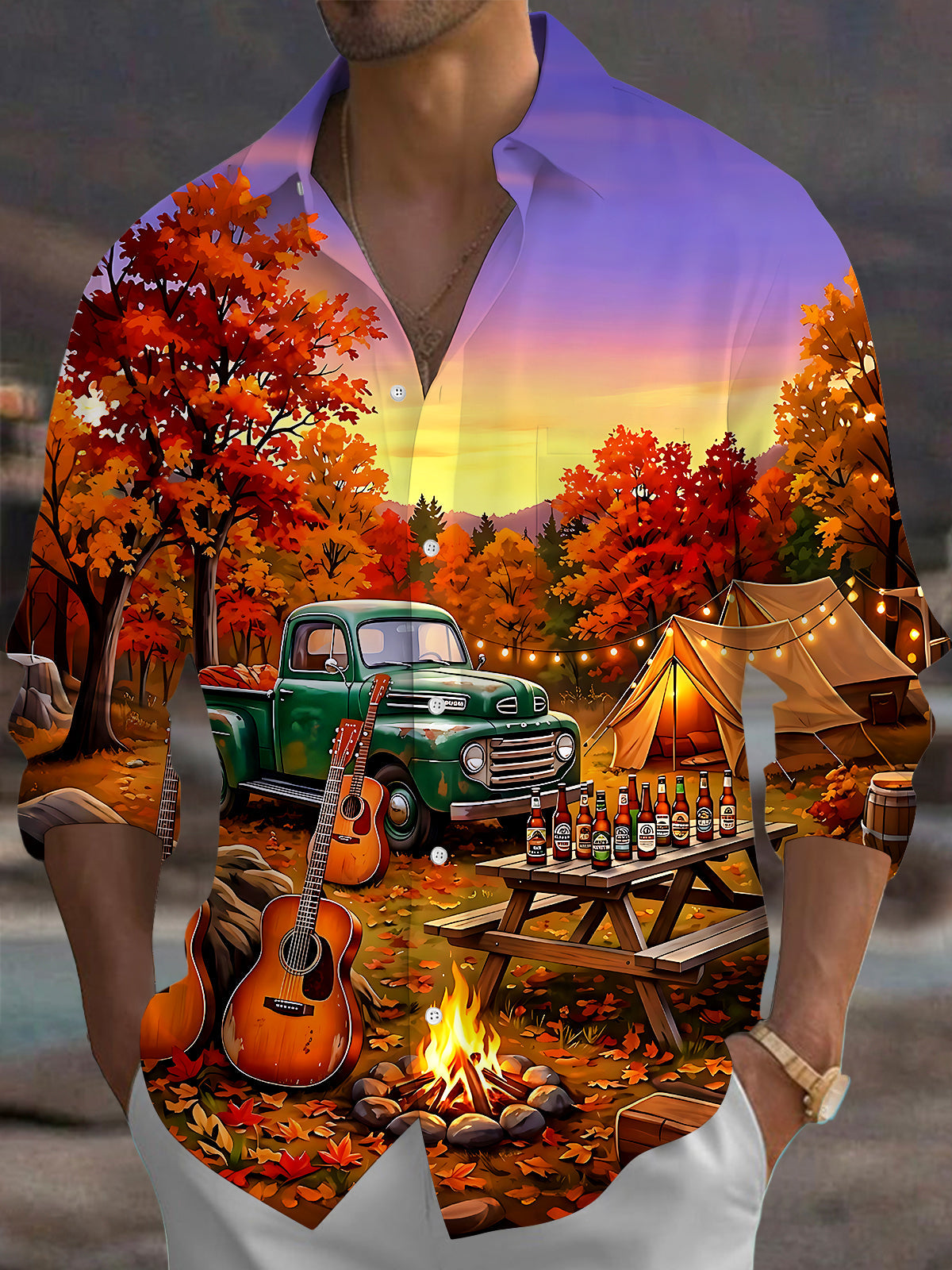 Oceanlyte Men's Vintage Style Autumn Camping Scene Print Long Sleeve Shirt with Chest Pocket