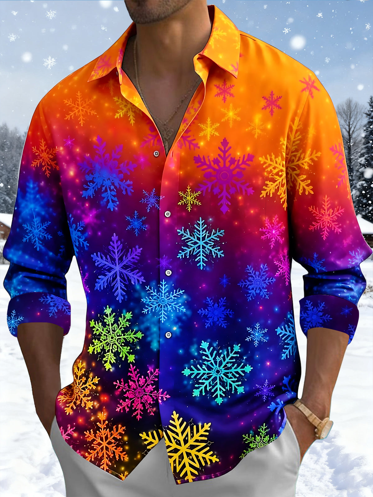 Oceanlyte Men's Printed Colorful Snowflakes Print Long Sleeve Shirt with Chest Pocket