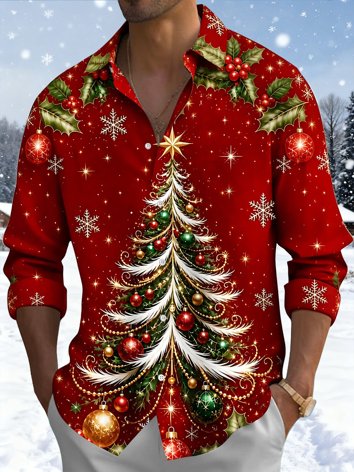 Oceanlyte Men's Printed Christmas Tree Print Snowflakes Print Long Sleeve Shirt with Chest Pocket