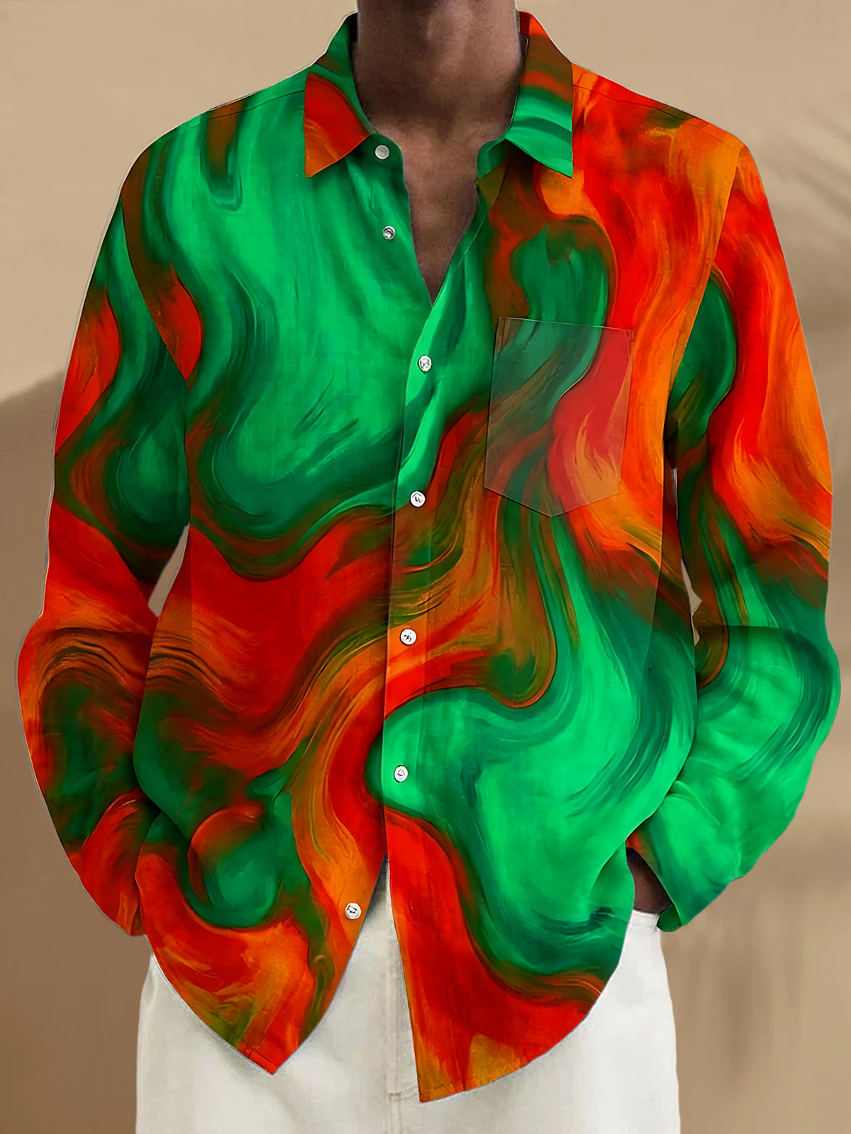 Oceanlyte Men's Abstract Swirling Colorful Pattern Long Sleeve Shirt with Chest Pocket
