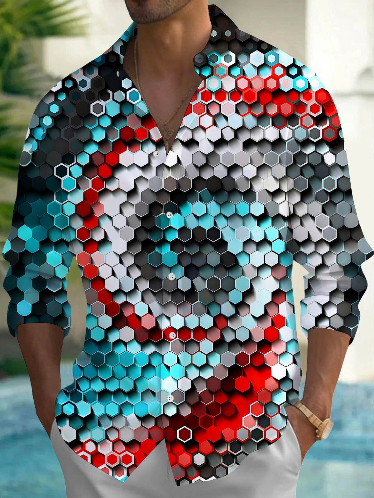 Oceanlyte Men's 3D 3D Hexagon Pattern Geometric Gradient Print Long Sleeve Shirt with Chest Pocket