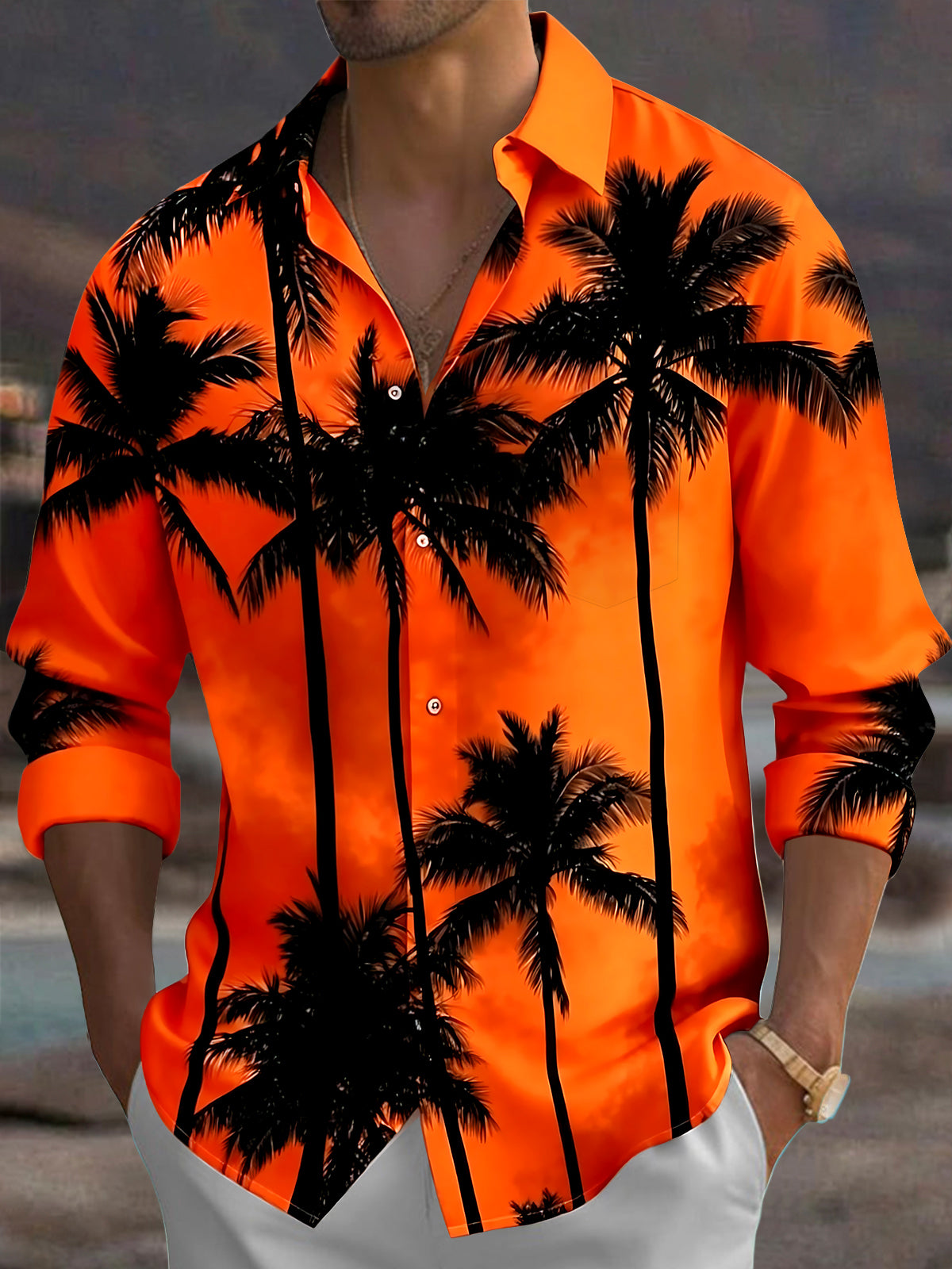 Oceanlyte Men's Hawaiian Palm Tree Silhouette Print Long Sleeve Shirt with Chest Pocket