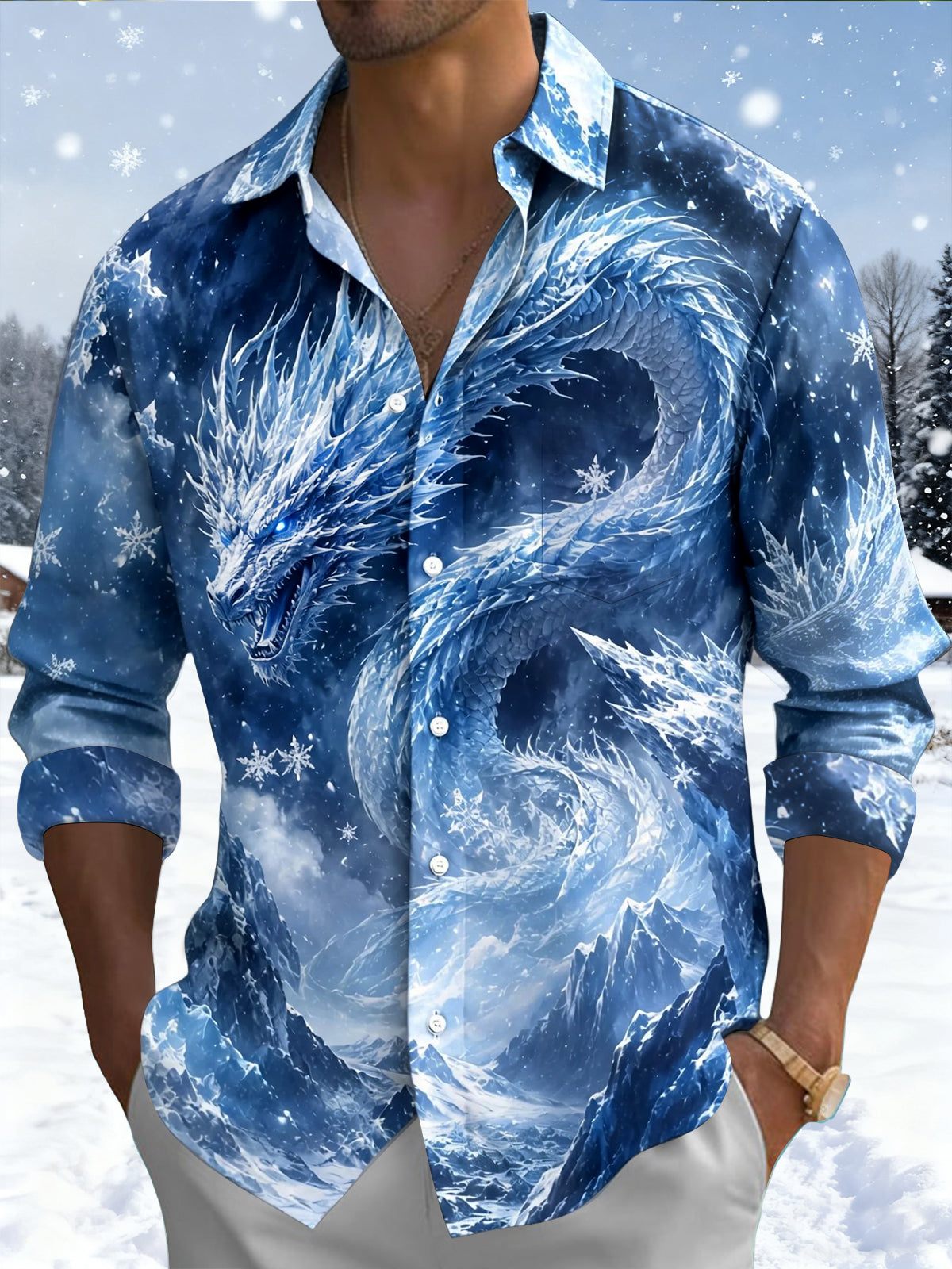 Oceanlyte Men's Graphic Ice Dragon Print Snowflake Pattern Long Sleeve Shirt with Chest Pocket