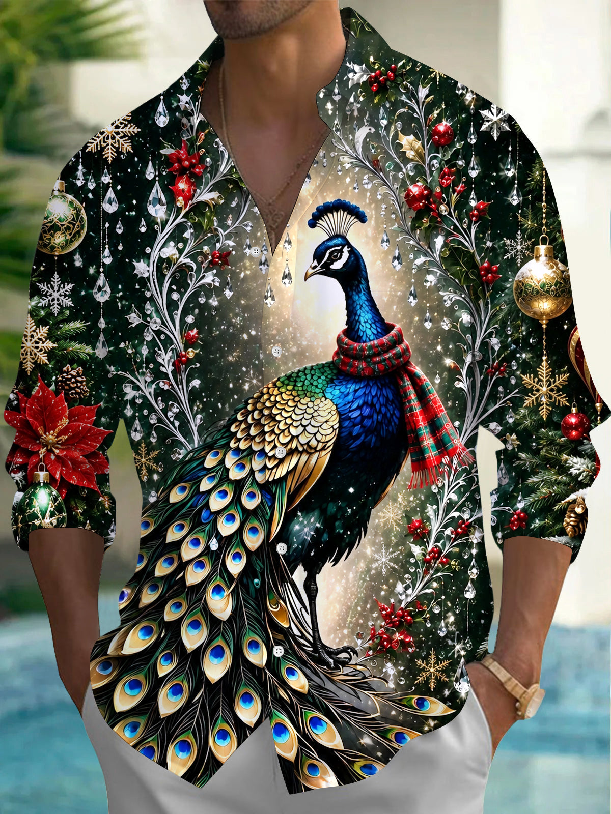 Oceanlyte Men's Printed Christmas Peacock Print Long Sleeve Shirt with Chest Pocket
