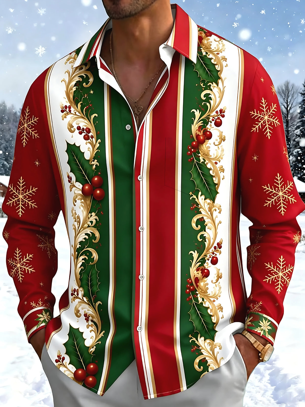 Oceanlyte Men's Printed Christmas Snowflakes Print Long Sleeve Shirt with Chest Pocket