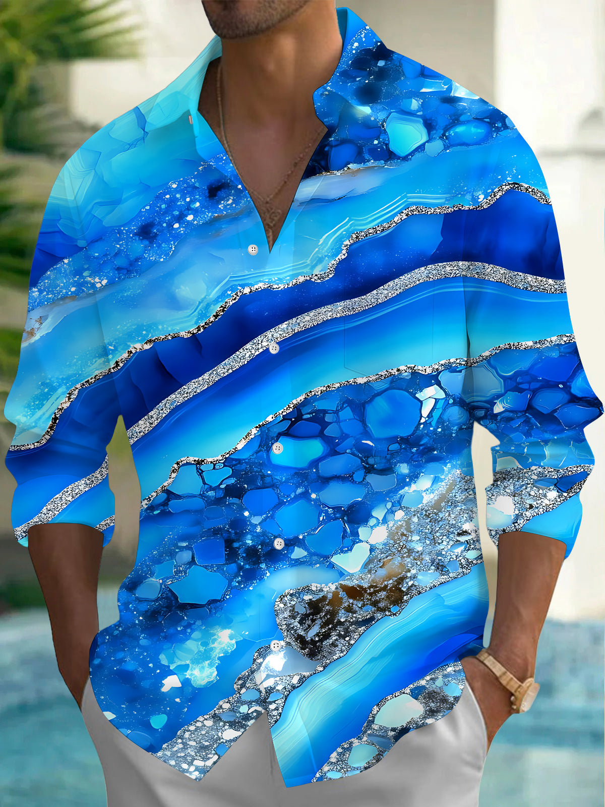 Oceanlyte Men's Printed Blue Agate Stone Pattern Long Sleeve Shirt with Chest Pocket