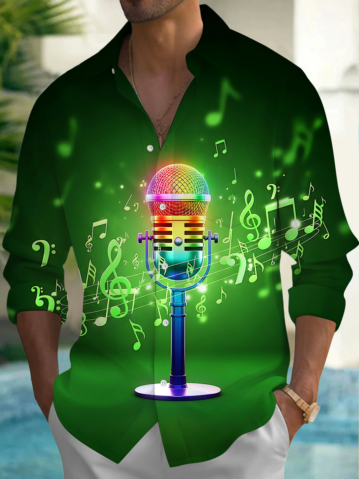 Oceanlyte Men's Graphic Rainbow Microphone Print Long Sleeve Shirt with Chest Pocket
