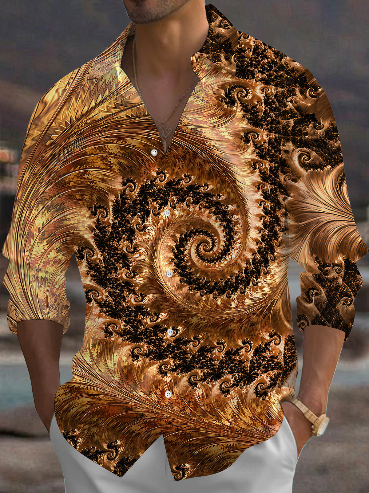 Oceanlyte Men's Patterned Fractal Spiral Design Print Long Sleeve Shirt with Chest Pocket