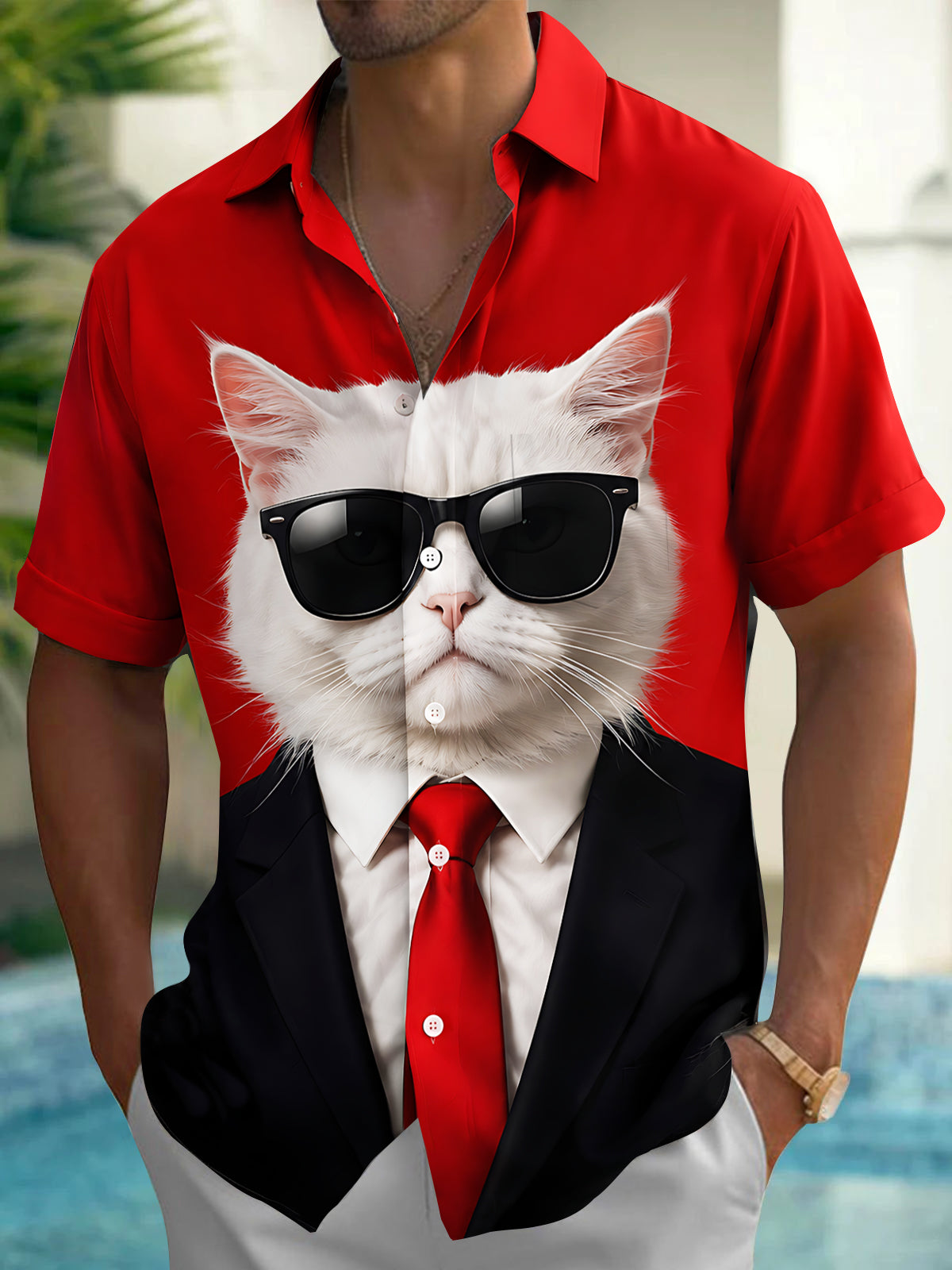 Oceanlyte Men's Graphic Cat In Suit And Sunglasses Print Short Sleeve Shirt with Chest Pocket