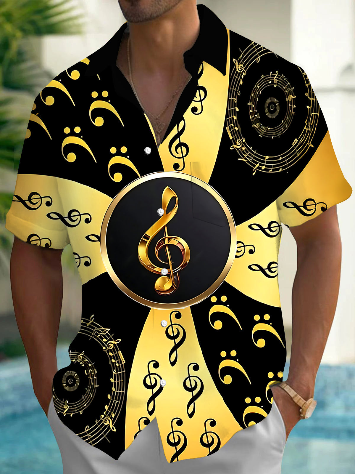 Oceanlyte Men's Hawaiian Musical Notes Print Short Sleeve Shirt with Chest Pocket