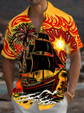 Oceanlyte Men's Hawaiian Pirate Ship Print Palm Tree Print Short Sleeve Shirt with Chest Pocket