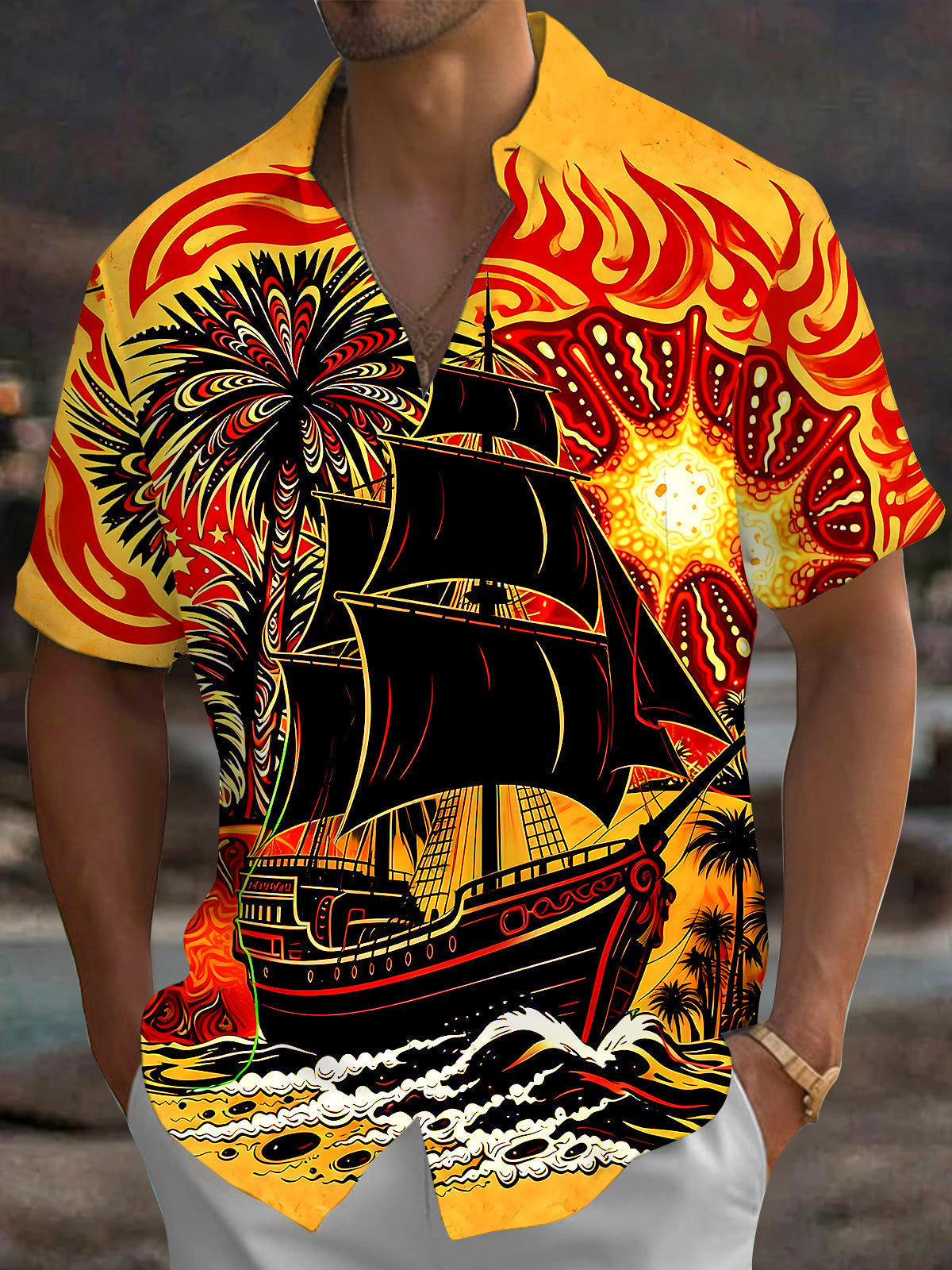 Oceanlyte Men's Hawaiian Pirate Ship Print Palm Tree Print Short Sleeve Shirt with Chest Pocket