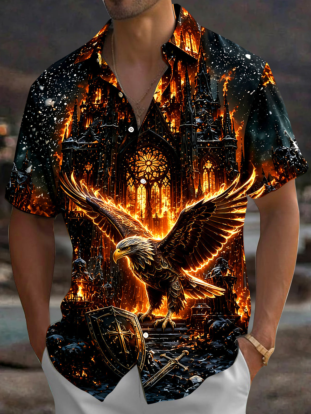Oceanlyte Men's Graphic Eagle Print Gothic Cathedral Print Short Sleeve Shirt with Chest Pocket