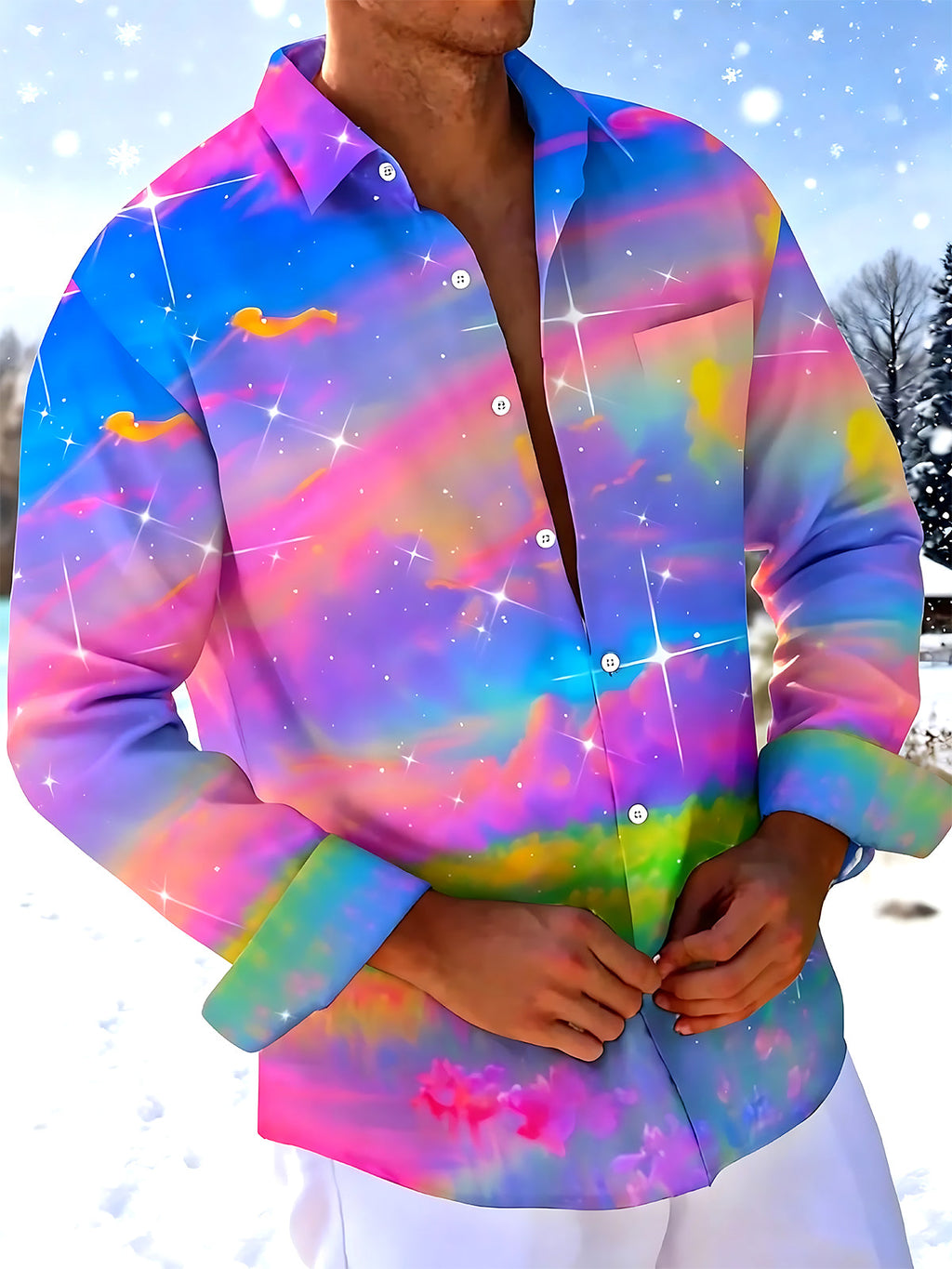 Oceanlyte Men's Tie Dye Galaxy Nebula Print Long Sleeve Shirt with Chest Pocket