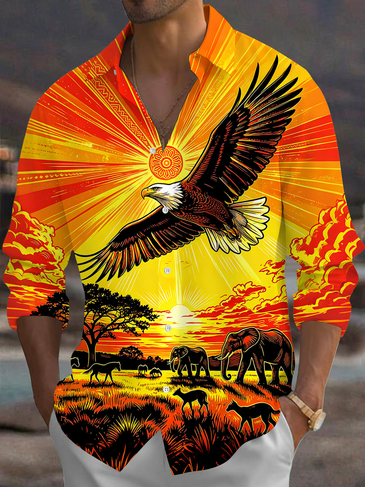 Oceanlyte Men's Vintage Style Bald Eagle Print Long Sleeve Shirt with Chest Pocket