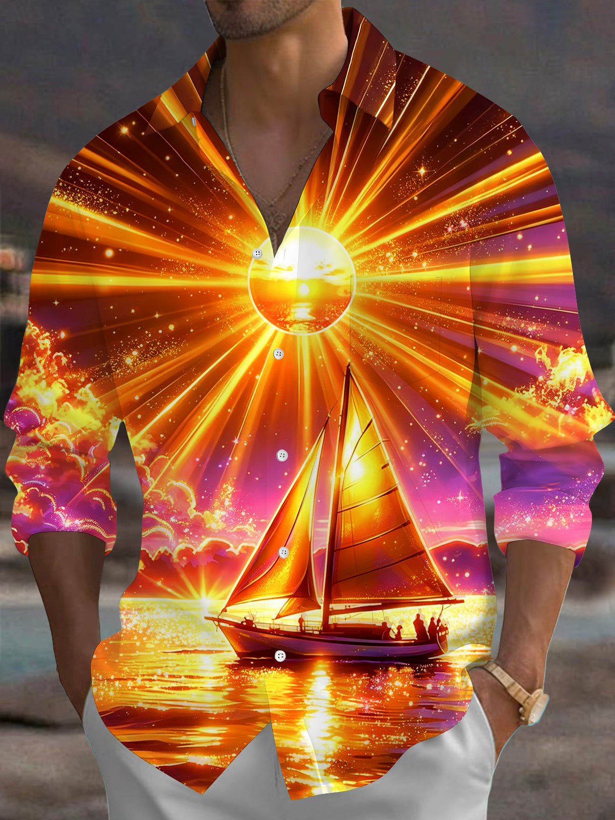 Oceanlyte Men's Printed Sailboat Sunset Print Long Sleeve Shirt with Chest Pocket