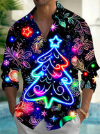 Oceanlyte Men's Graphic Neon Christmas Tree Print Long Sleeve Shirt with Chest Pocket