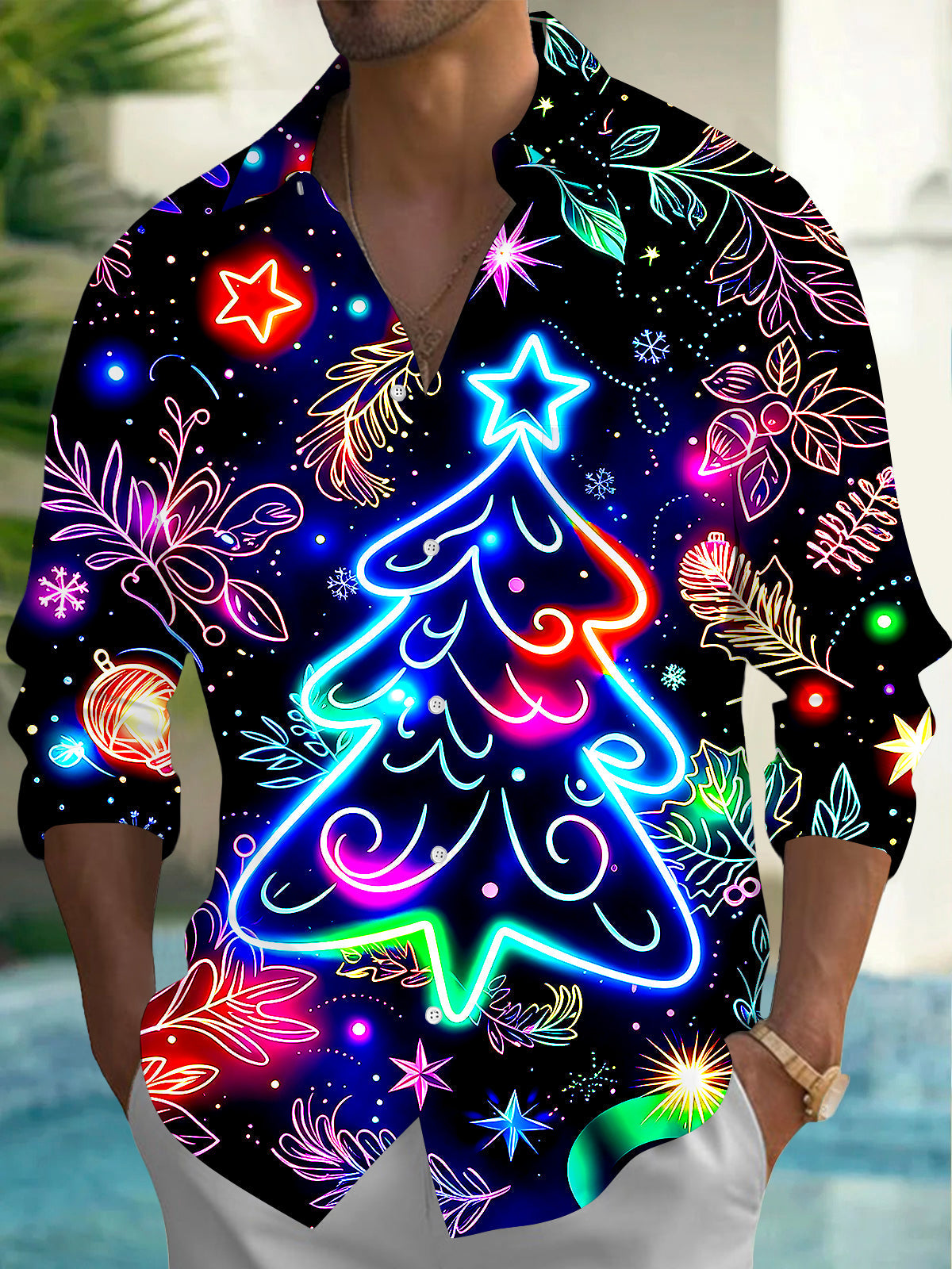 Oceanlyte Men's Graphic Neon Christmas Tree Print Long Sleeve Shirt with Chest Pocket