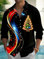 Oceanlyte Men's Graphic Christmas Tree Print Long Sleeve Shirt with Chest Pocket