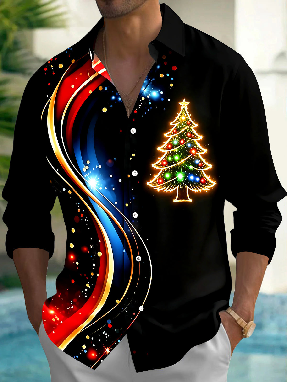 Oceanlyte Men's Graphic Christmas Tree Print Long Sleeve Shirt with Chest Pocket