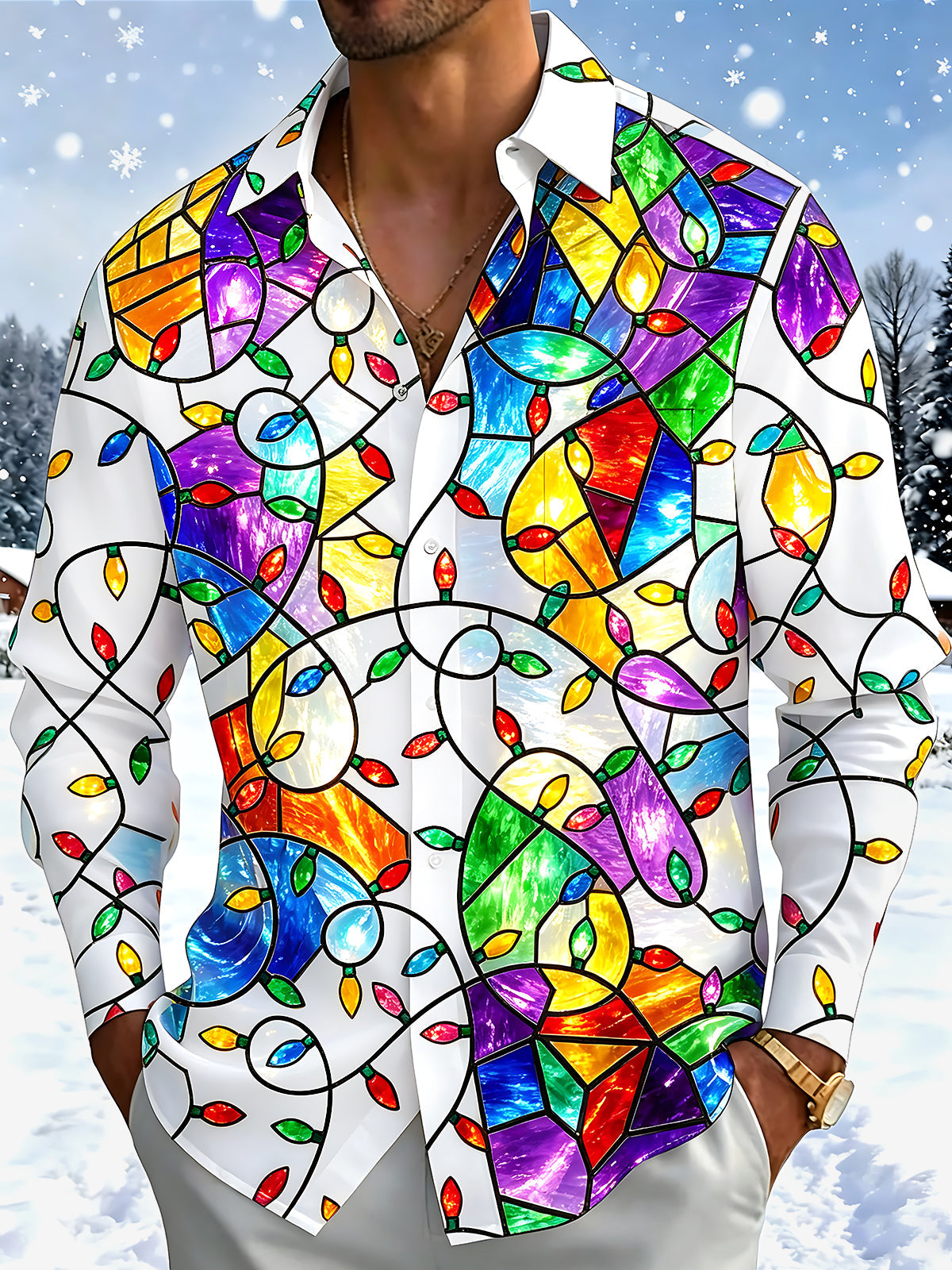 Oceanlyte Men's Printed Christmas Lights Print Long Sleeve Shirt with Chest Pocket