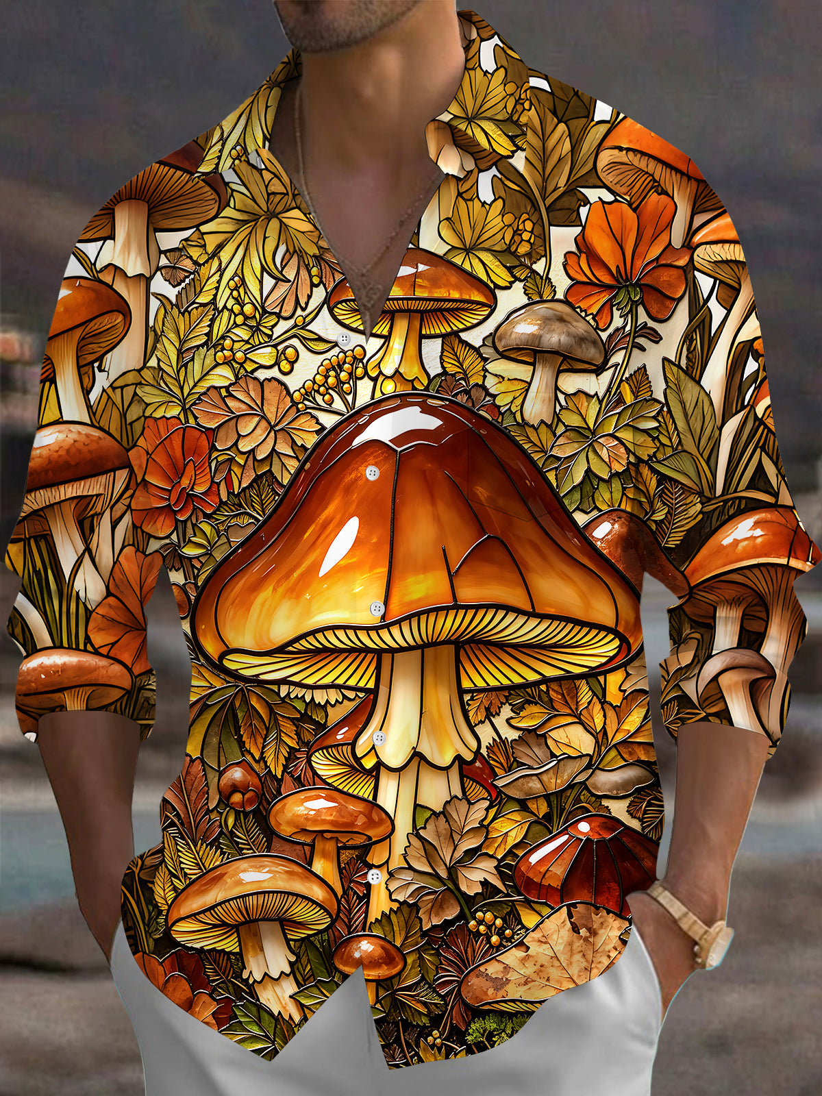 Oceanlyte Men's Printed Mushroom Forest Print Long Sleeve Shirt with Chest Pocket