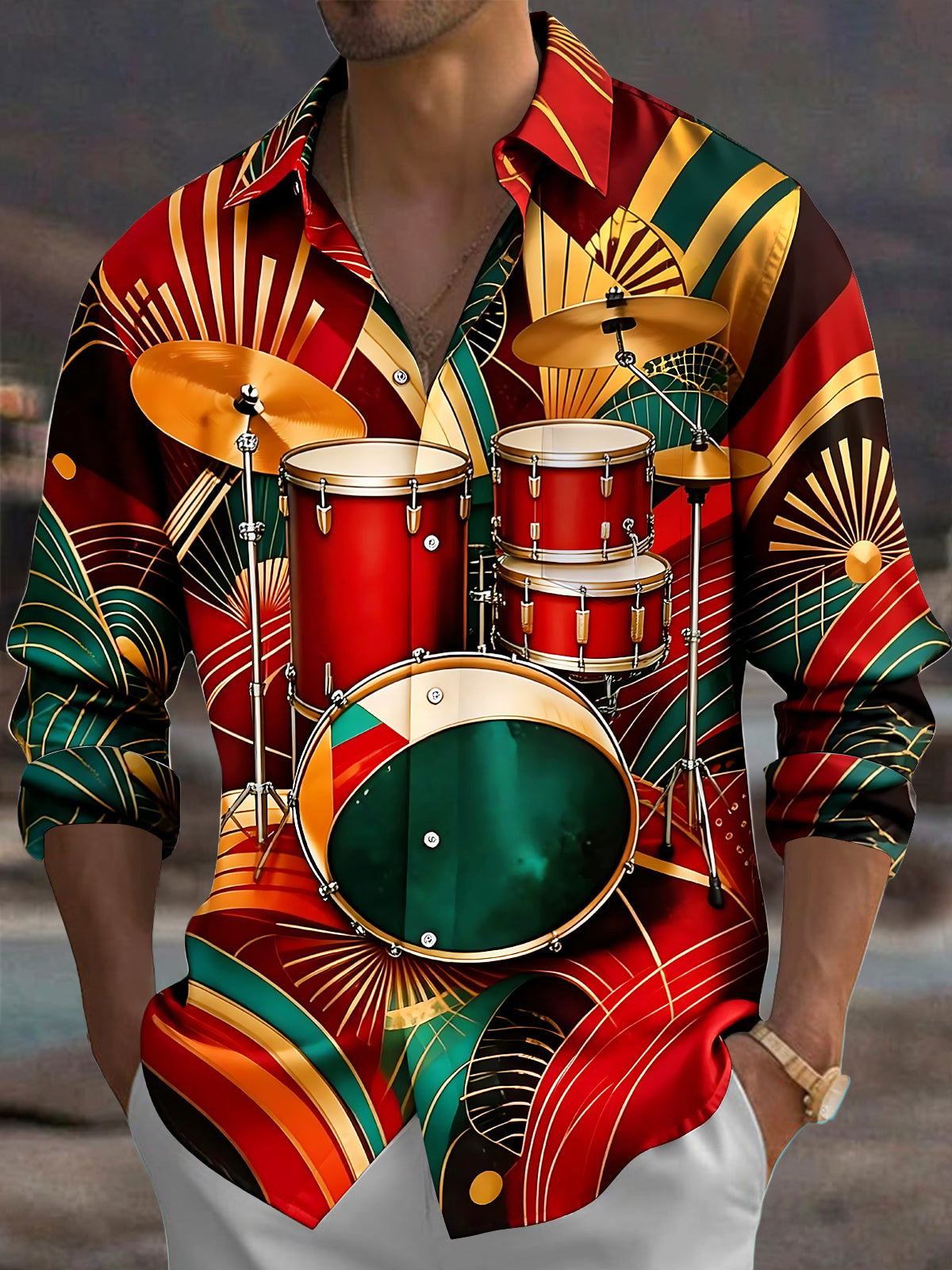 Oceanlyte Men's Vintage Style Drum Set Print Long Sleeve Shirt with Chest Pocket