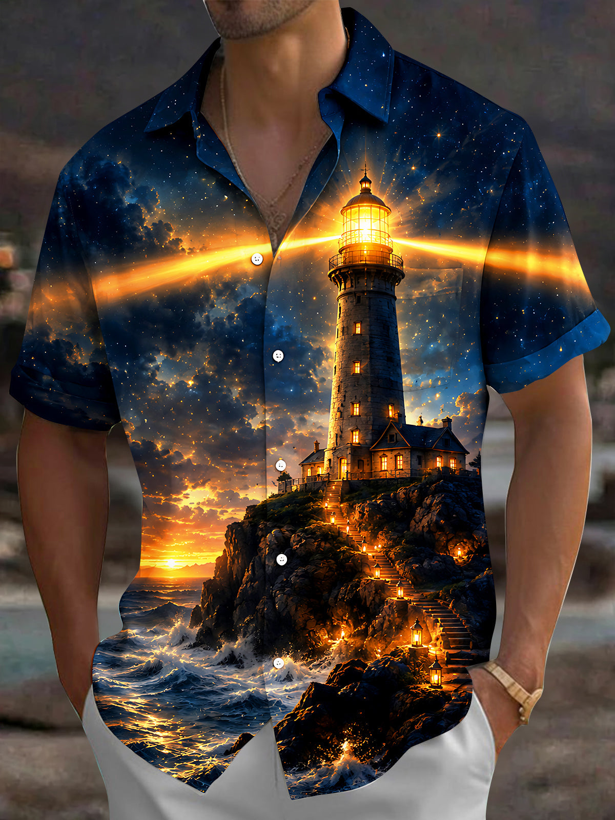 Oceanlyte Men's Hawaiian Lighthouse Night Scene Print Short Sleeve Shirt with Chest Pocket