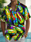 Oceanlyte Men's Hawaiian Stained Glass Cucumber Pattern Short Sleeve Shirt with Chest Pocket