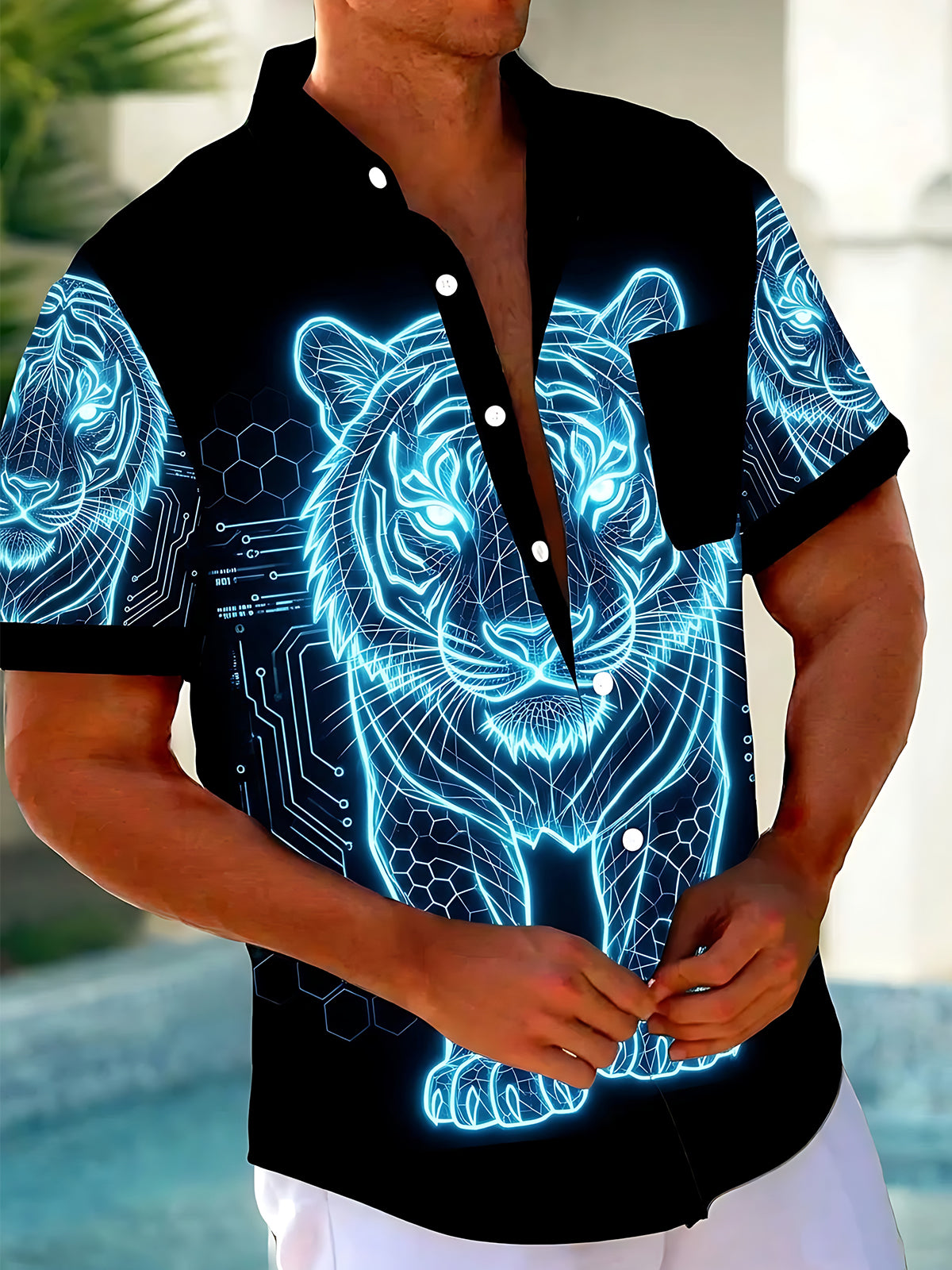 Oceanlyte Men's Graphic Neon Tiger Print Short Sleeve Shirt with Chest Pocket