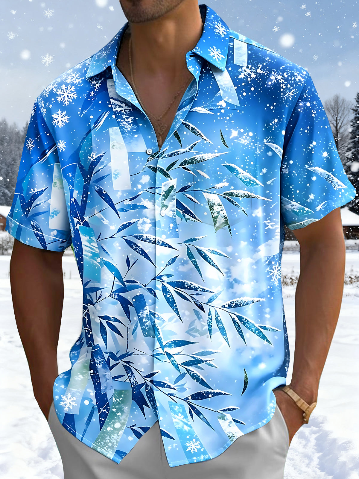 Oceanlyte Men's Hawaiian Snowflake Pattern Short Sleeve Shirt with Chest Pocket