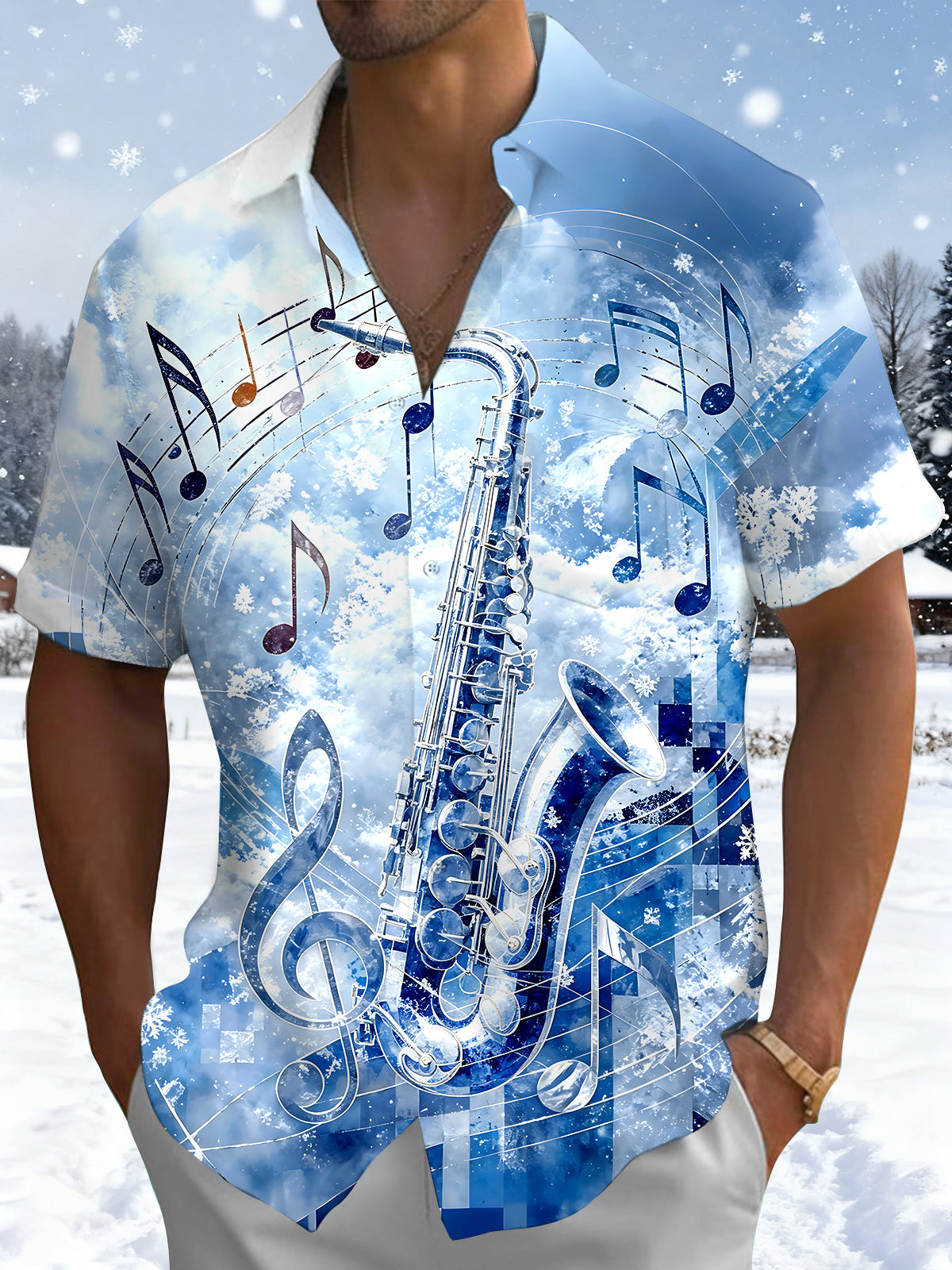 Oceanlyte Men's Printed Saxophone Print Musical Notes Print Short Sleeve Shirt with Chest Pocket
