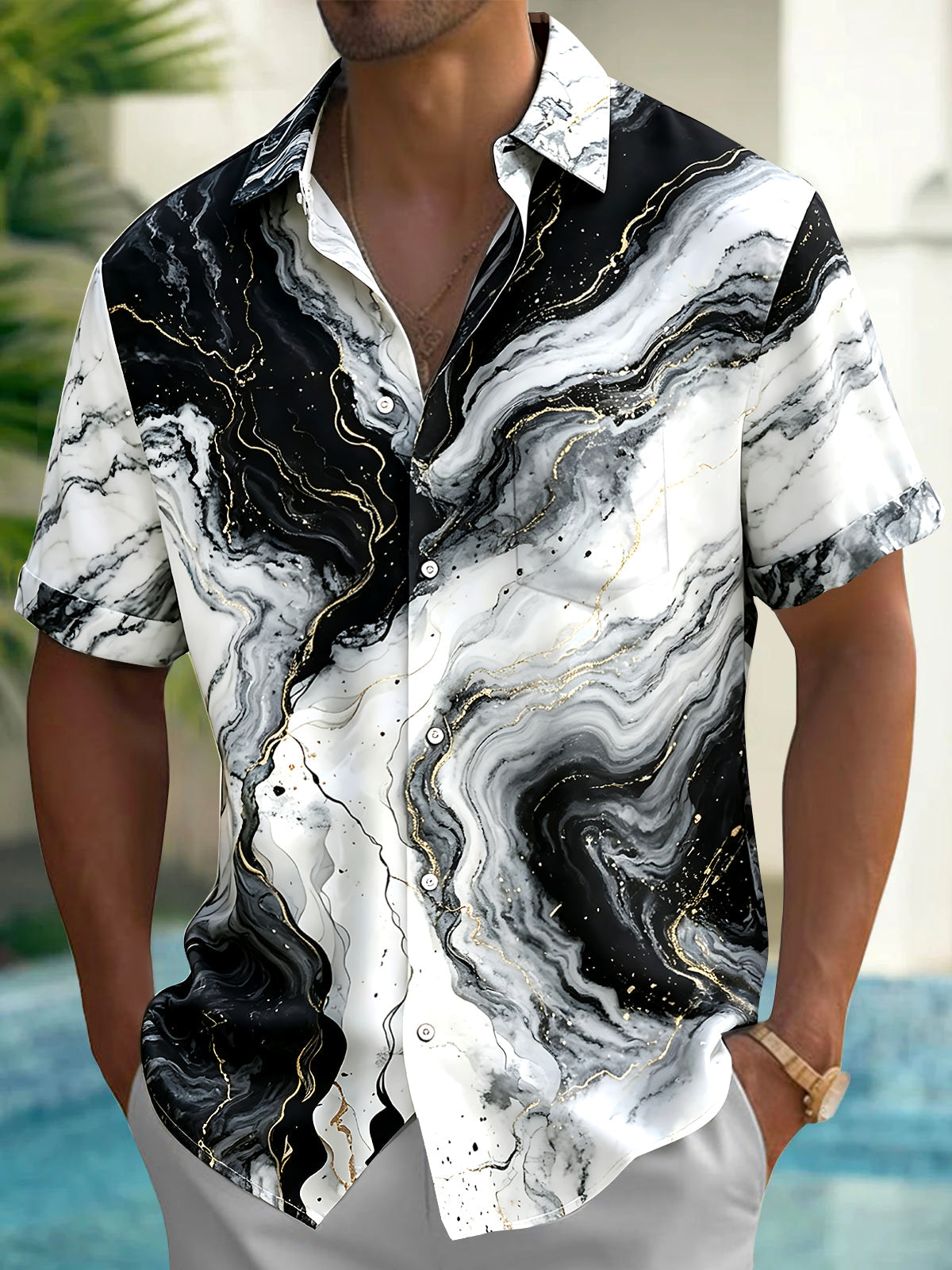 Oceanlyte Men's Printed Marble Effect Print Gold Veins Print Short Sleeve Shirt with Chest Pocket
