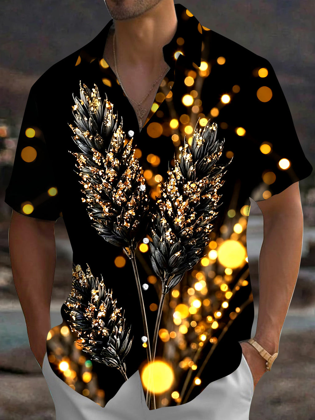 Oceanlyte Men's Graphic Golden Wheat Ears Print Short Sleeve Shirt with Chest Pocket