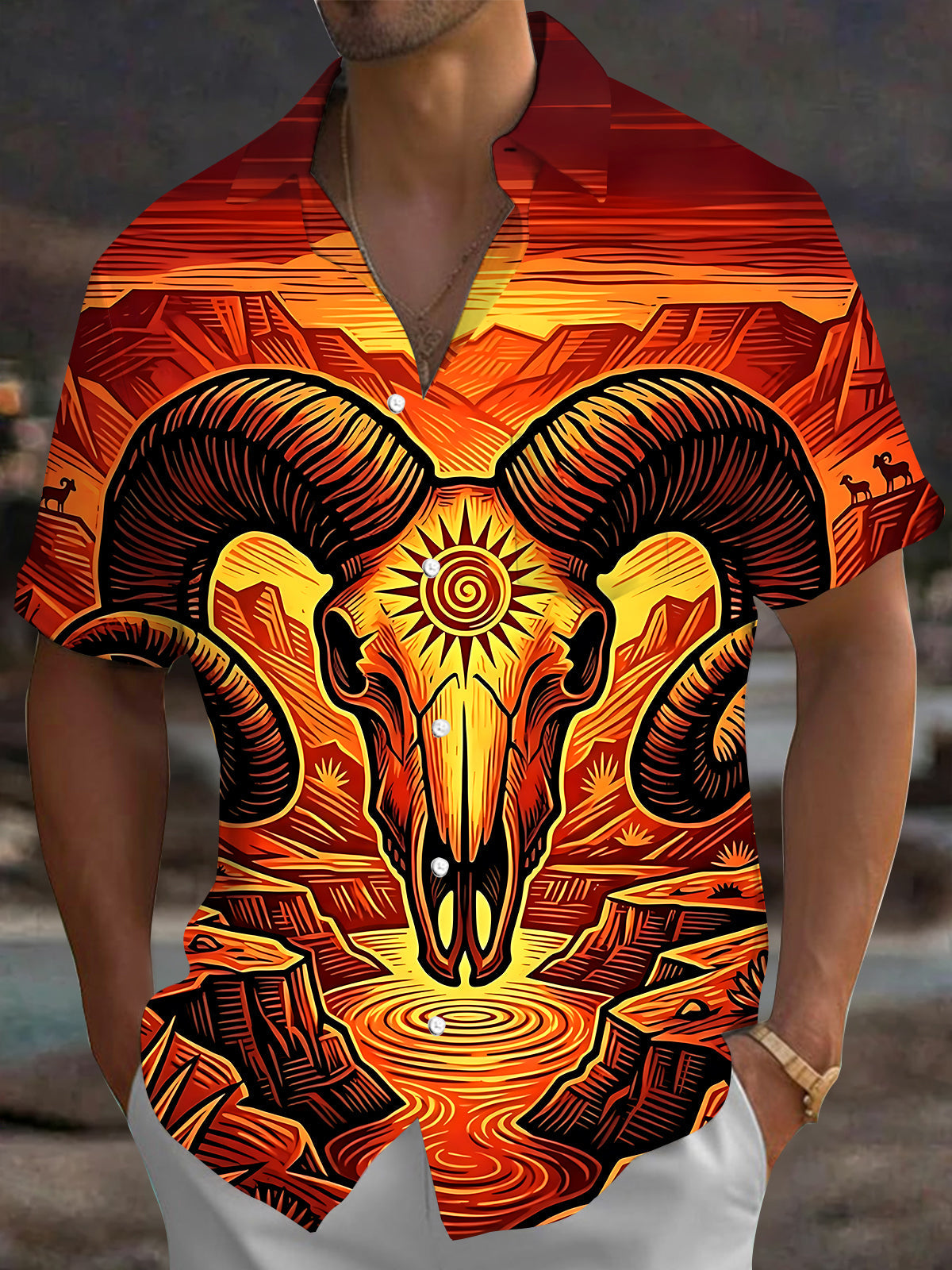 Oceanlyte Men's Hawaiian Goat Skull Print Short Sleeve Shirt with Chest Pocket