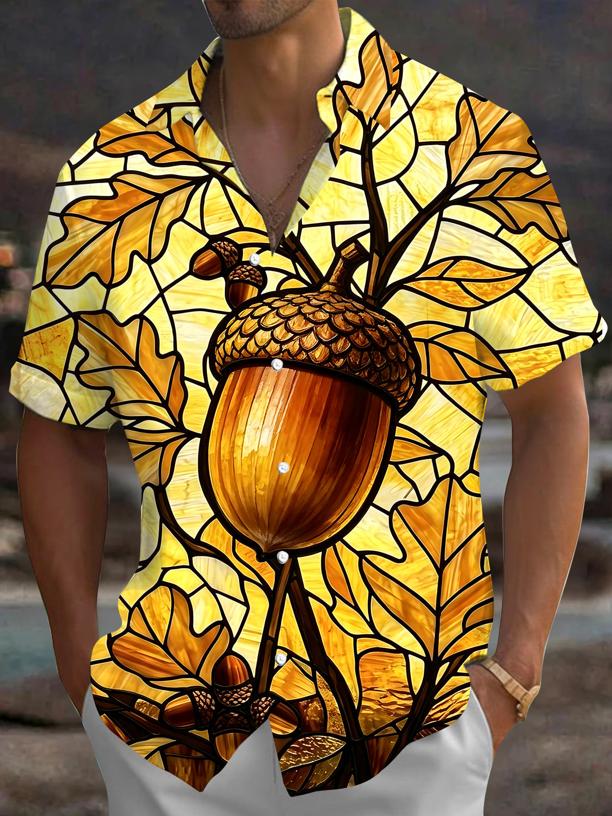 Oceanlyte Men's Hawaiian Stained Glass Acorn Print Short Sleeve Shirt with Chest Pocket