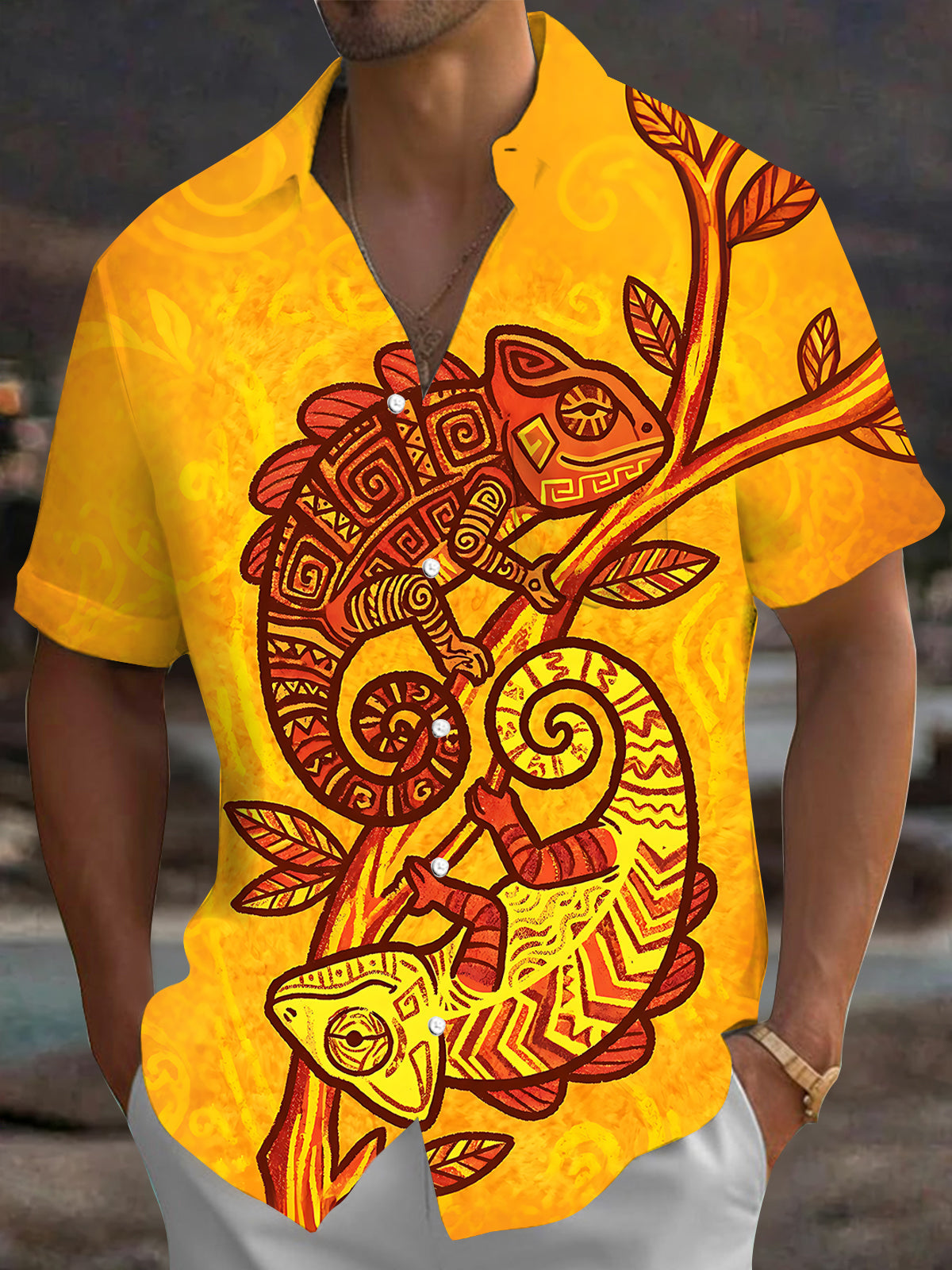 Oceanlyte Men's Hawaiian Chameleon On Branch Print Short Sleeve Shirt with Chest Pocket