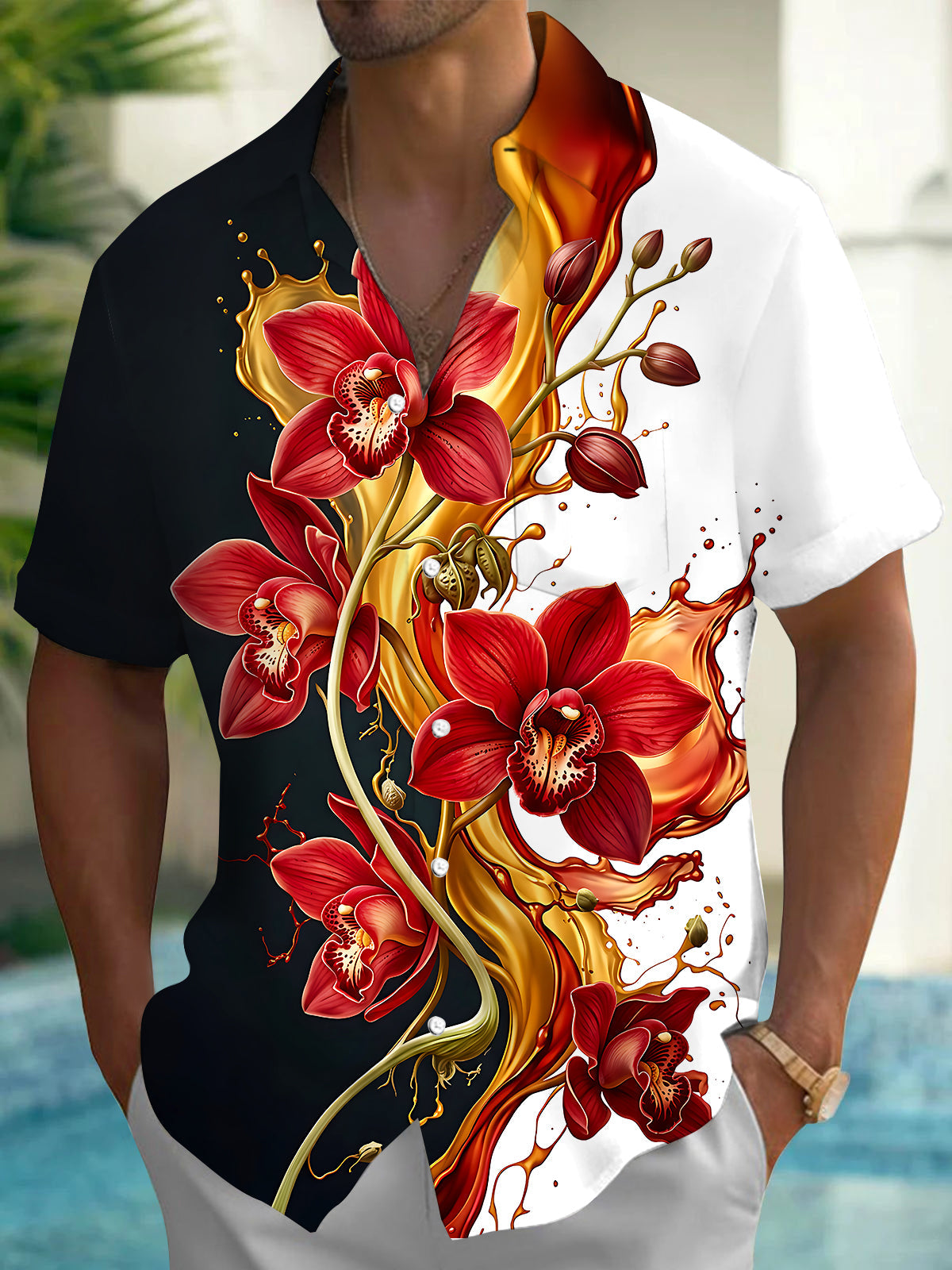 Oceanlyte Men's Floral Red Orchid Flowers Print Short Sleeve Shirt with Chest Pocket