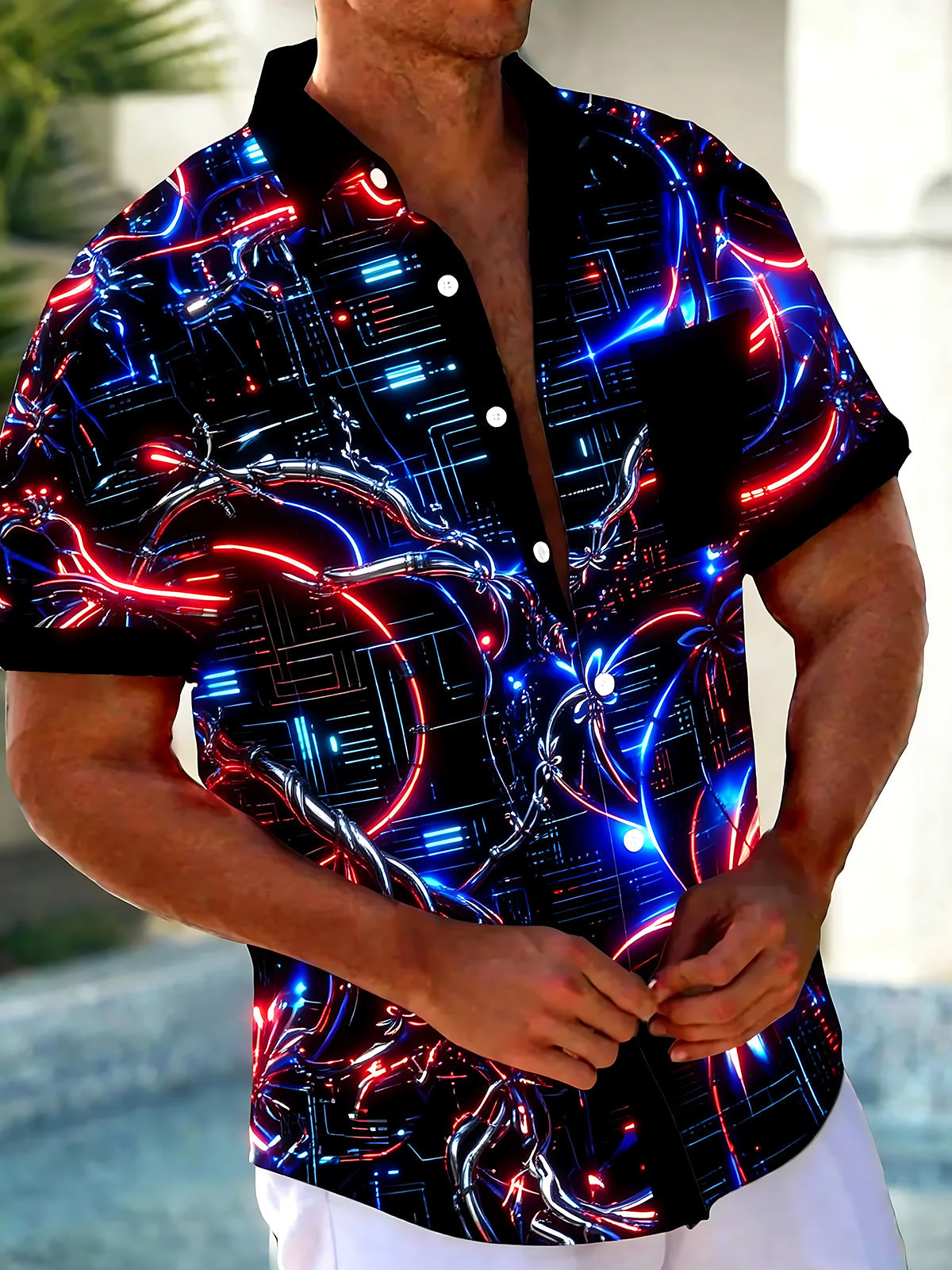 Oceanlyte Men's Patterned Neon Circuit Lines Print Short Sleeve Shirt with Chest Pocket