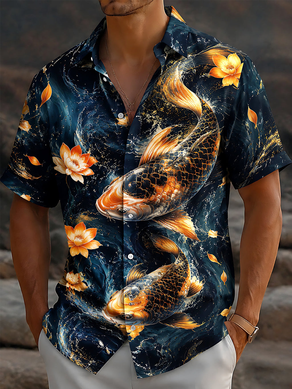 Oceanlyte Men's Hawaiian Koi Fish Print Lotus Flower Print Short Sleeve Shirt with Chest Pocket